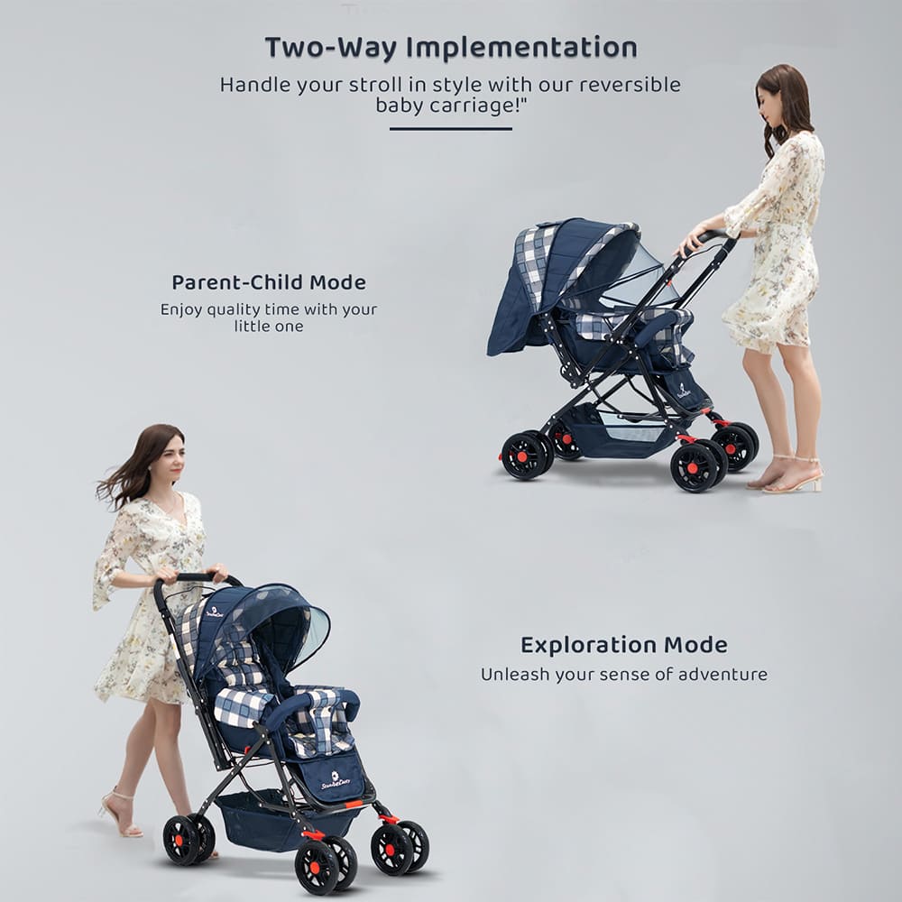 StarAndDaisy Sunrise Baby Stroller & Pram with Reversible Handlebar, Extended Mosquito Net, Ultra-Soft Cushioned Seat, Multi-Position Recline, One-Hand Fold Travel Stroller – White Checks Print