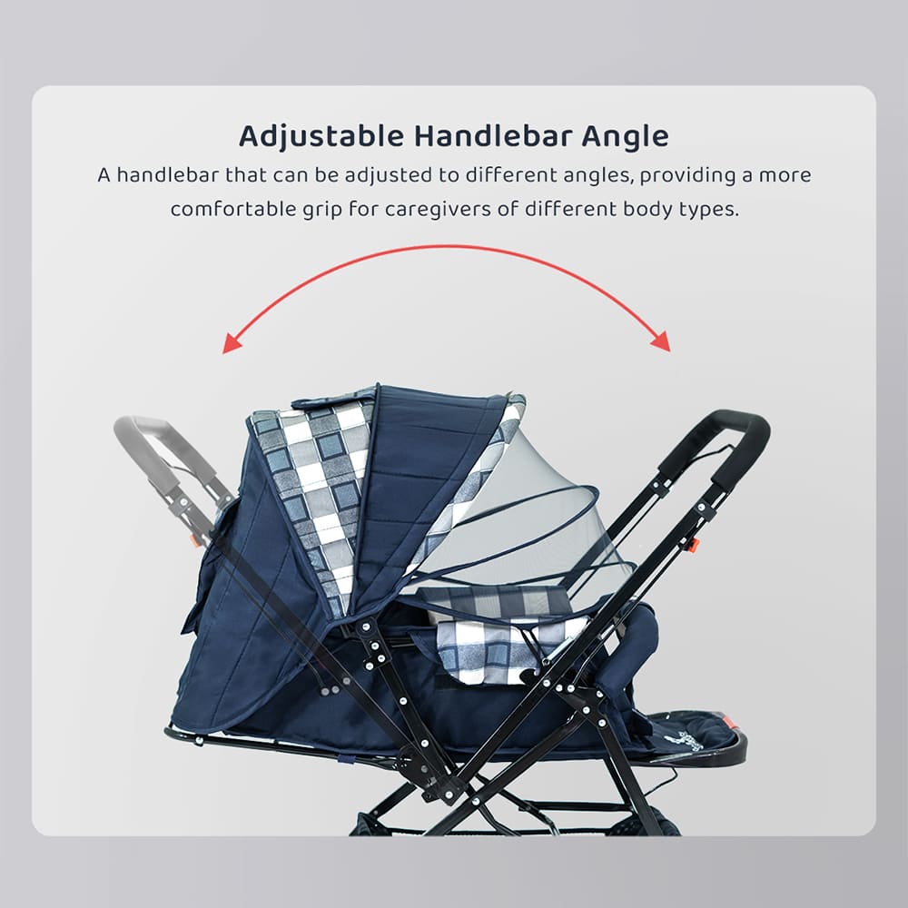 StarAndDaisy Sunrise Baby Stroller & Pram with Reversible Handlebar, Extended Mosquito Net, Ultra-Soft Cushioned Seat, Multi-Position Recline, One-Hand Fold Travel Stroller – White Checks Print
