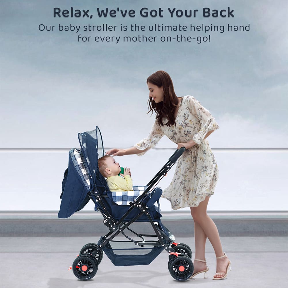 StarAndDaisy Sunrise Baby Stroller & Pram with Reversible Handlebar, Extended Mosquito Net, Ultra-Soft Cushioned Seat, Multi-Position Recline, One-Hand Fold Travel Stroller – White Checks Print