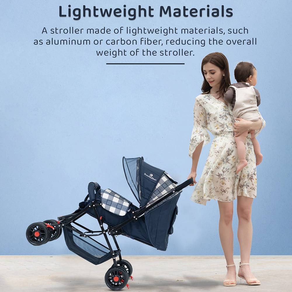 StarAndDaisy Sunrise Baby Stroller & Pram with Reversible Handlebar, Extended Mosquito Net, Ultra-Soft Cushioned Seat, Multi-Position Recline, One-Hand Fold Travel Stroller – White Checks Print