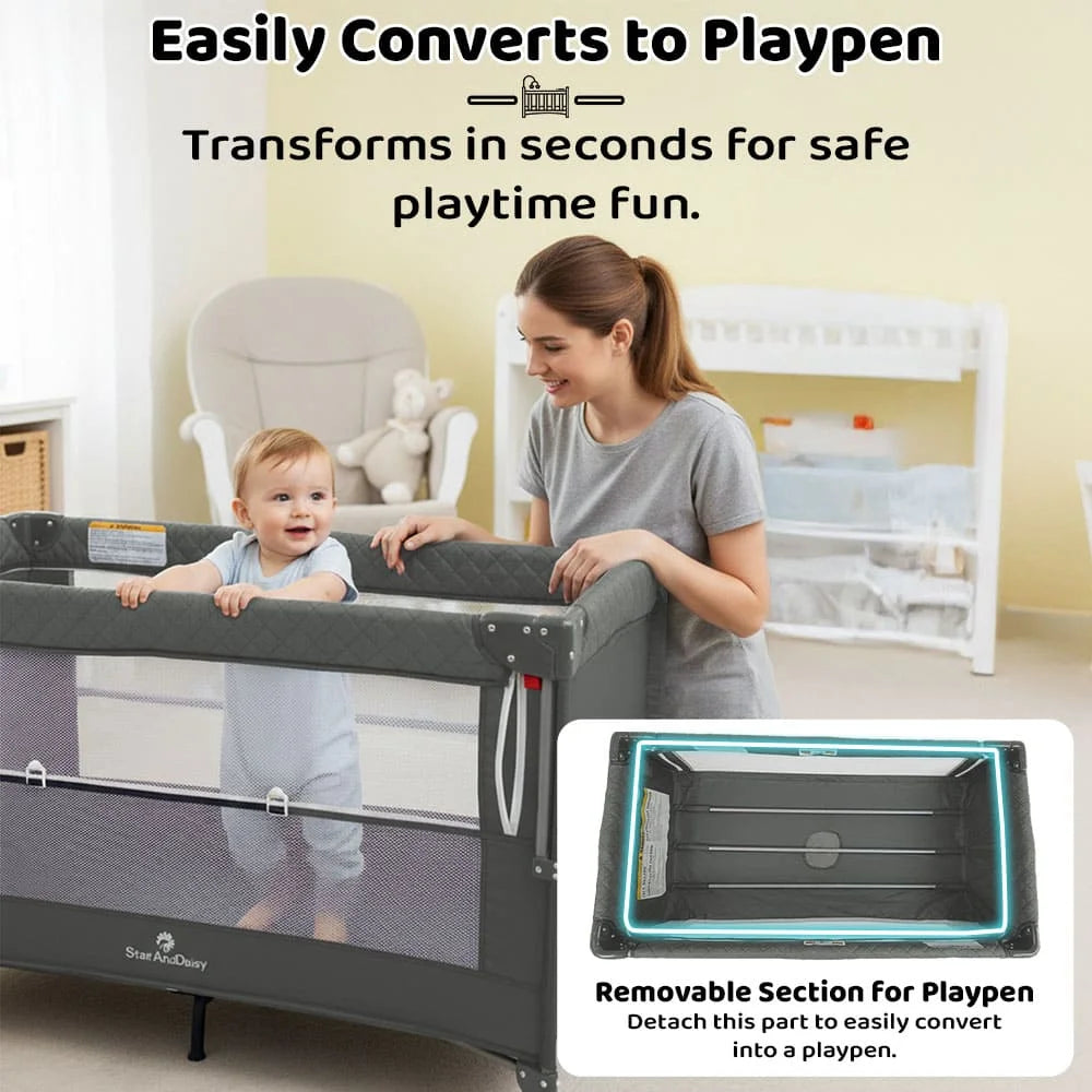 CozyCove Bedside Crib for Newborns, Convertible Baby Crib with Playpen, Mosquito Net, Comfortable Mattress and Easy Wheel Movement- Grey