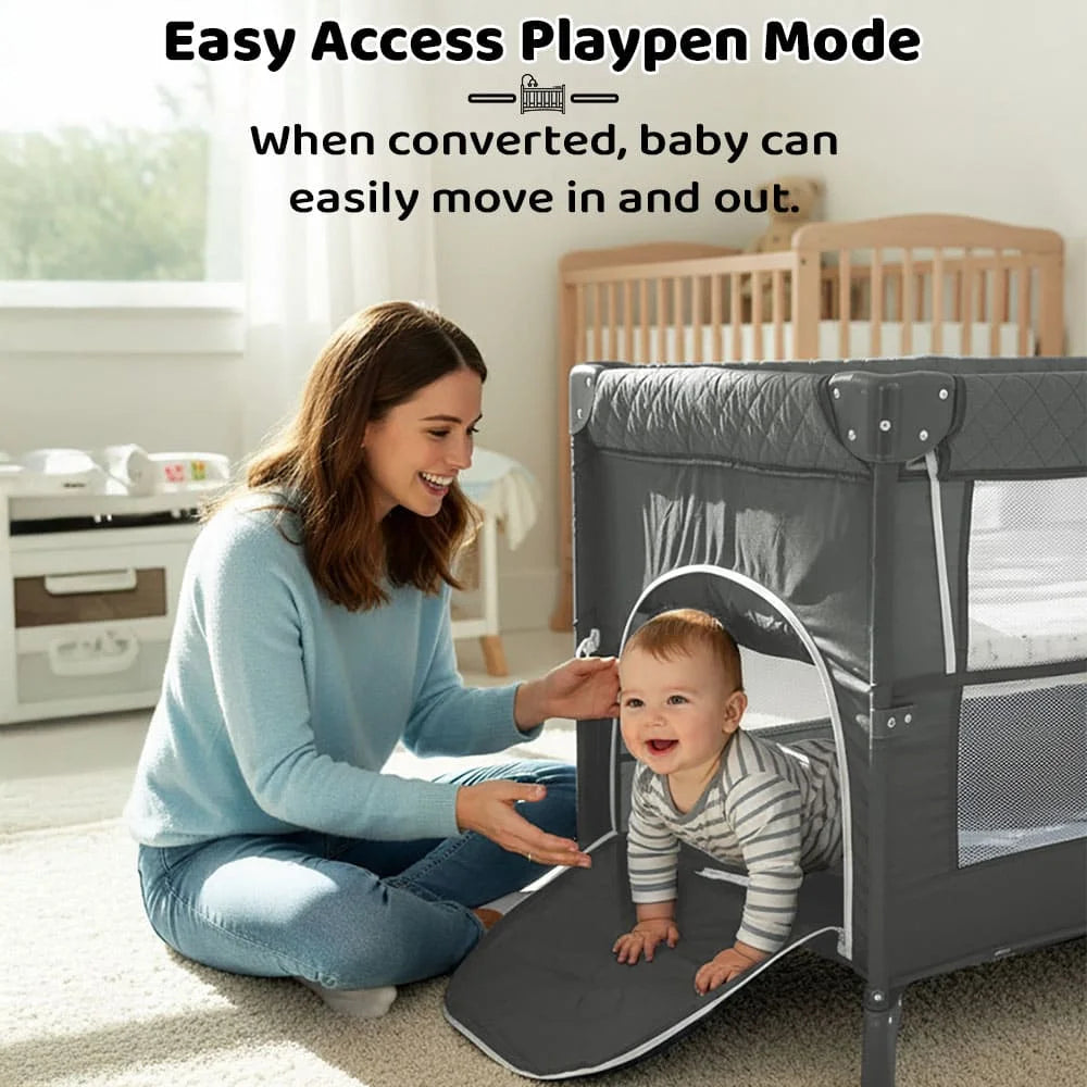 CozyCove Bedside Crib for Newborns, Convertible Baby Crib with Playpen, Mosquito Net, Comfortable Mattress and Easy Wheel Movement- Grey