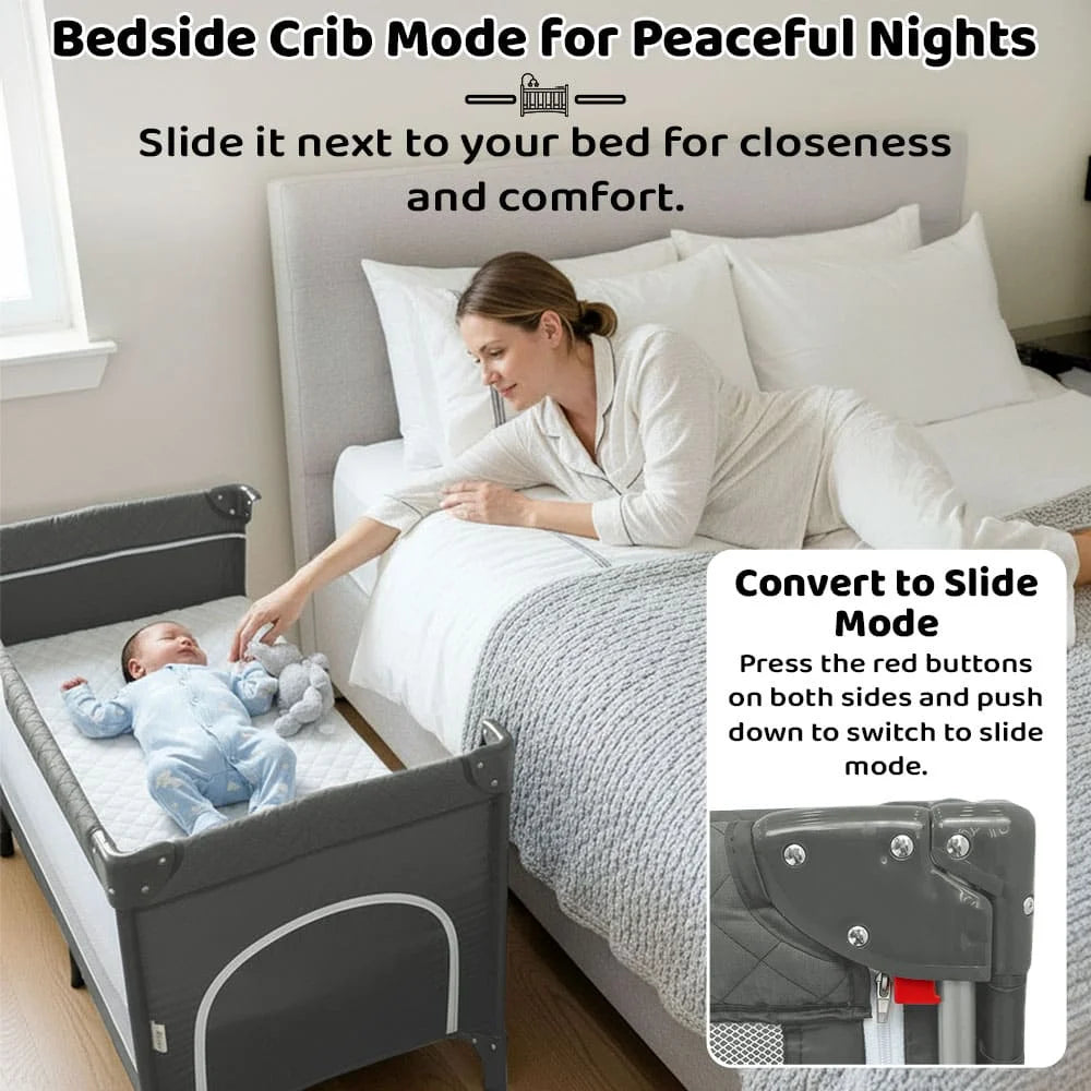 CozyCove Bedside Crib for Newborns, Convertible Baby Crib with Playpen, Mosquito Net, Comfortable Mattress and Easy Wheel Movement- Grey