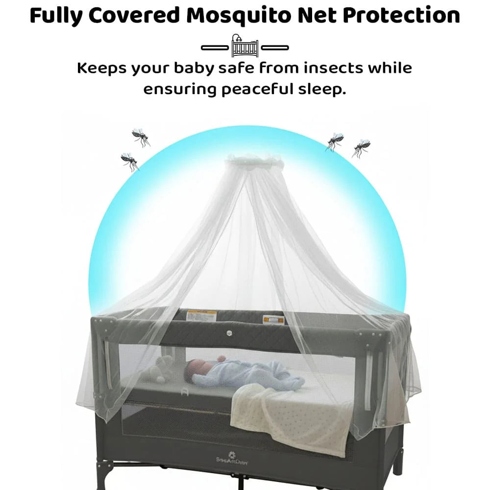 CozyCove Bedside Crib for Newborns, Convertible Baby Crib with Playpen, Mosquito Net, Comfortable Mattress and Easy Wheel Movement- Grey