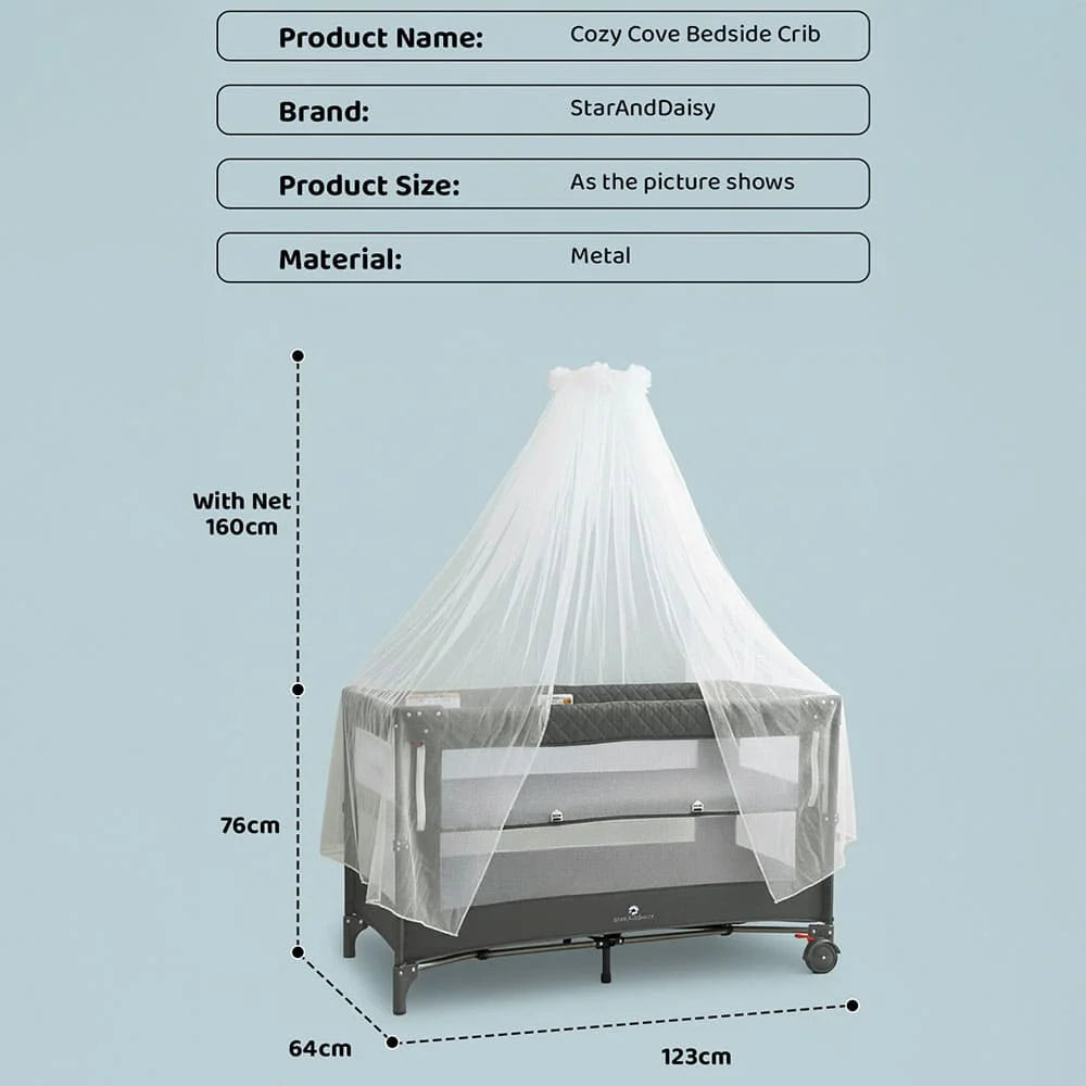 CozyCove Bedside Crib for Newborns, Convertible Baby Crib with Playpen, Mosquito Net, Comfortable Mattress and Easy Wheel Movement- Grey