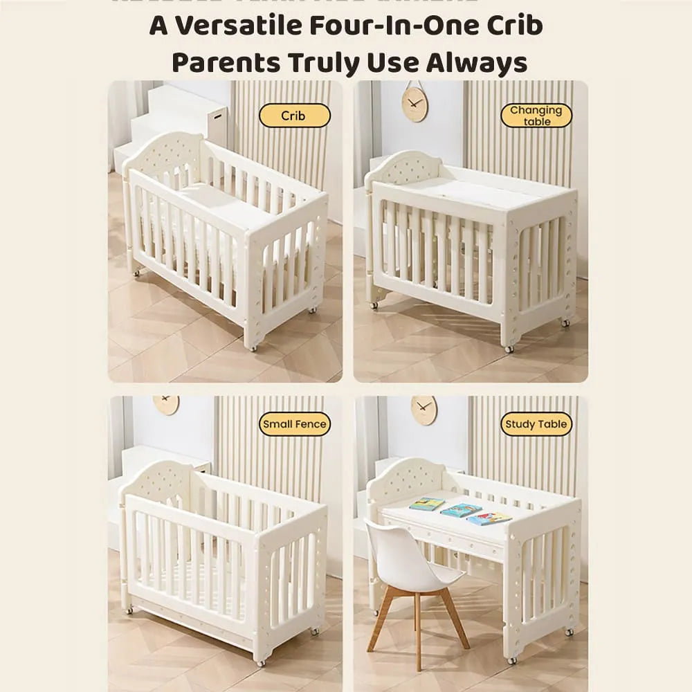 StarAndDaisy Tiny Dreams 4-in-1 Convertible Baby Cot Crib with Adjustable Height, HDPE Safe Material – White