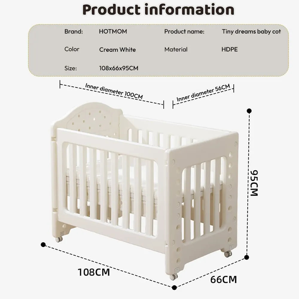 StarAndDaisy Tiny Dreams 4-in-1 Convertible Baby Cot Crib with Adjustable Height, HDPE Safe Material – White
