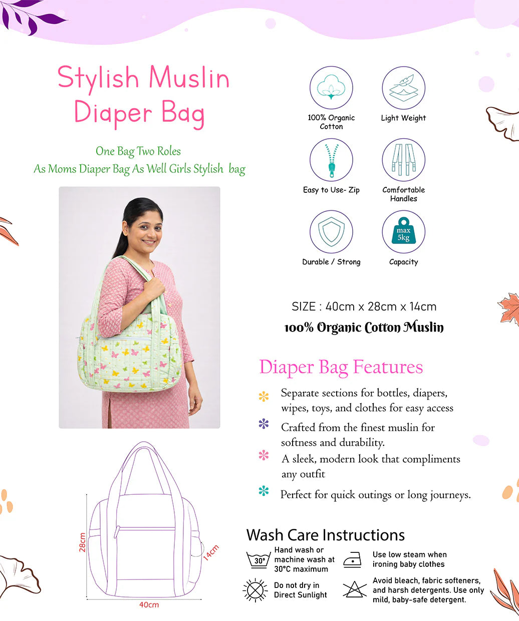 Premium Muslin Diaper Bag for Moms – Soft Cotton Baby Travel Bag with Multiple Compartments, Lightweight Maternity Tote for Newborn Essentials, Stylish & Washable