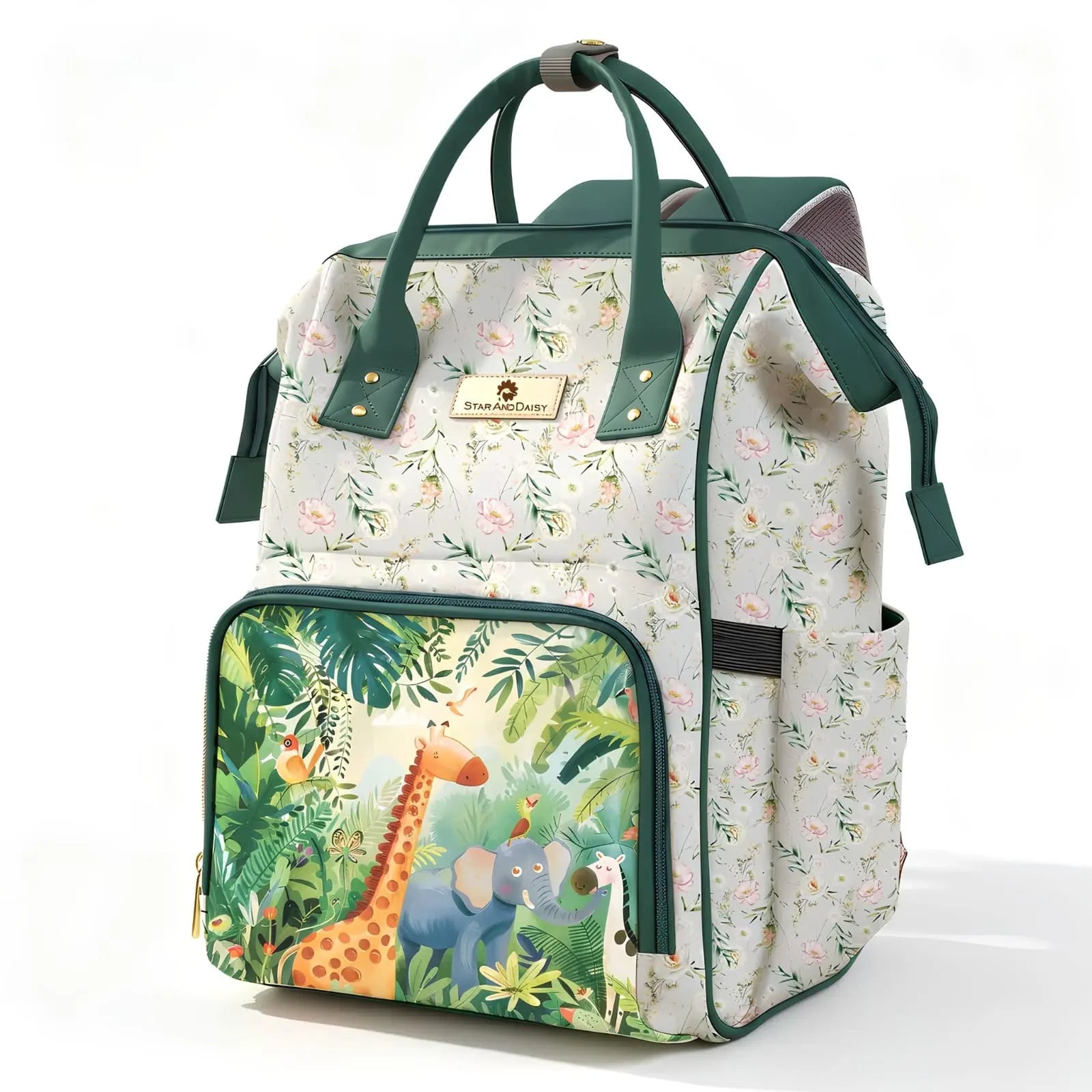 Floral Baby Diaper Bag Backpack with Jungle Animal Front Pocket | Large Capacity Water-Resistant Mommy Travel Bag with Insulated Bottle Pockets & Multiple Compartments
