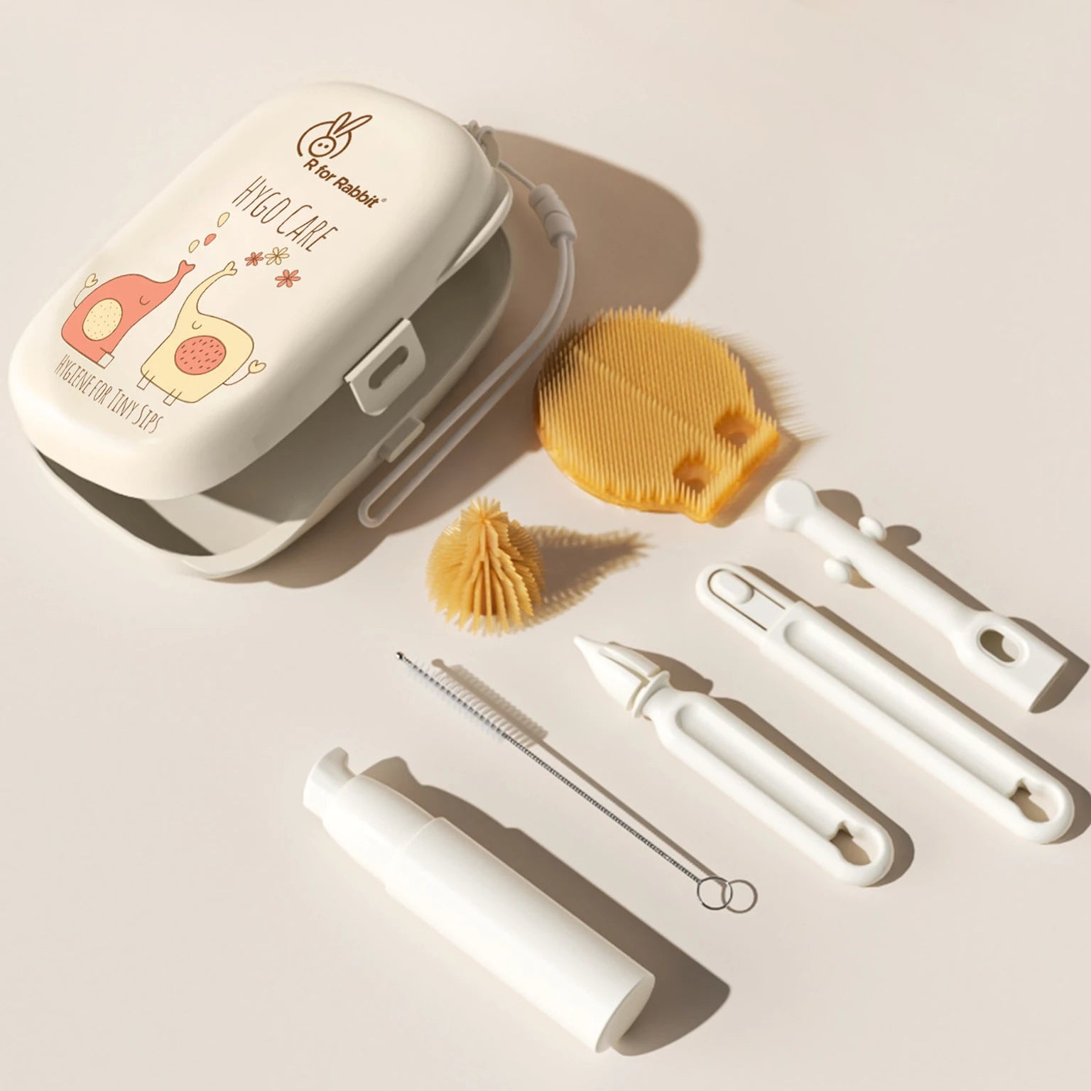 R for Rabbit Hygo Care Jumbo Bottle Cleaning Kit with Storage Box (Beige) | Complete Baby Bottle & Feeding Accessories Cleaning Set
