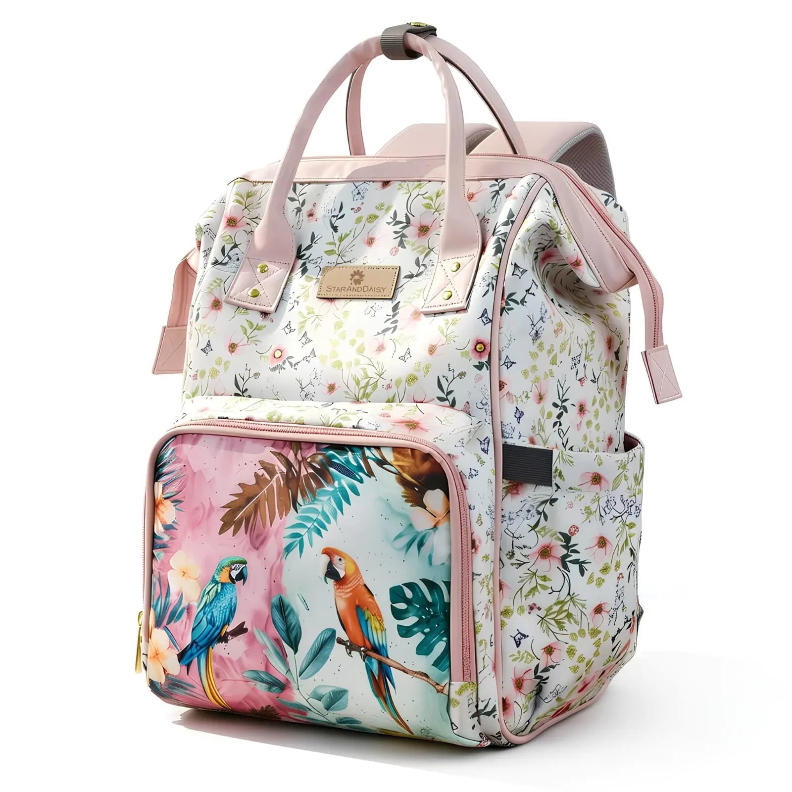 Floral Baby Diaper Bag Backpack with Jungle Animal Front Pocket | Large Capacity Water-Resistant Mommy Travel Bag with Insulated Bottle Pockets & Multiple Compartments