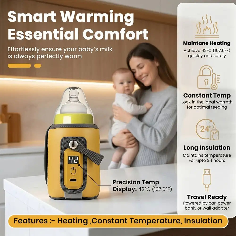 StarAndDaisy Rechargeable Portable Baby Feeding Bottle Warmer with 5-Speed Temperature Adjustment, USB Charging, Universal Bottle Fit, Travel-Friendly Milk Warmer – Orange & Yellow