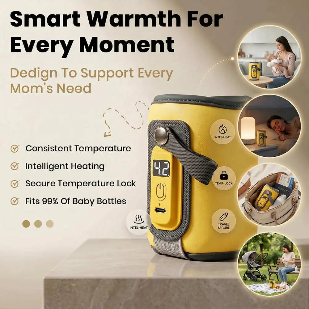 StarAndDaisy Rechargeable Portable Baby Feeding Bottle Warmer with 5-Speed Temperature Adjustment, USB Charging, Universal Bottle Fit, Travel-Friendly Milk Warmer – Orange & Yellow