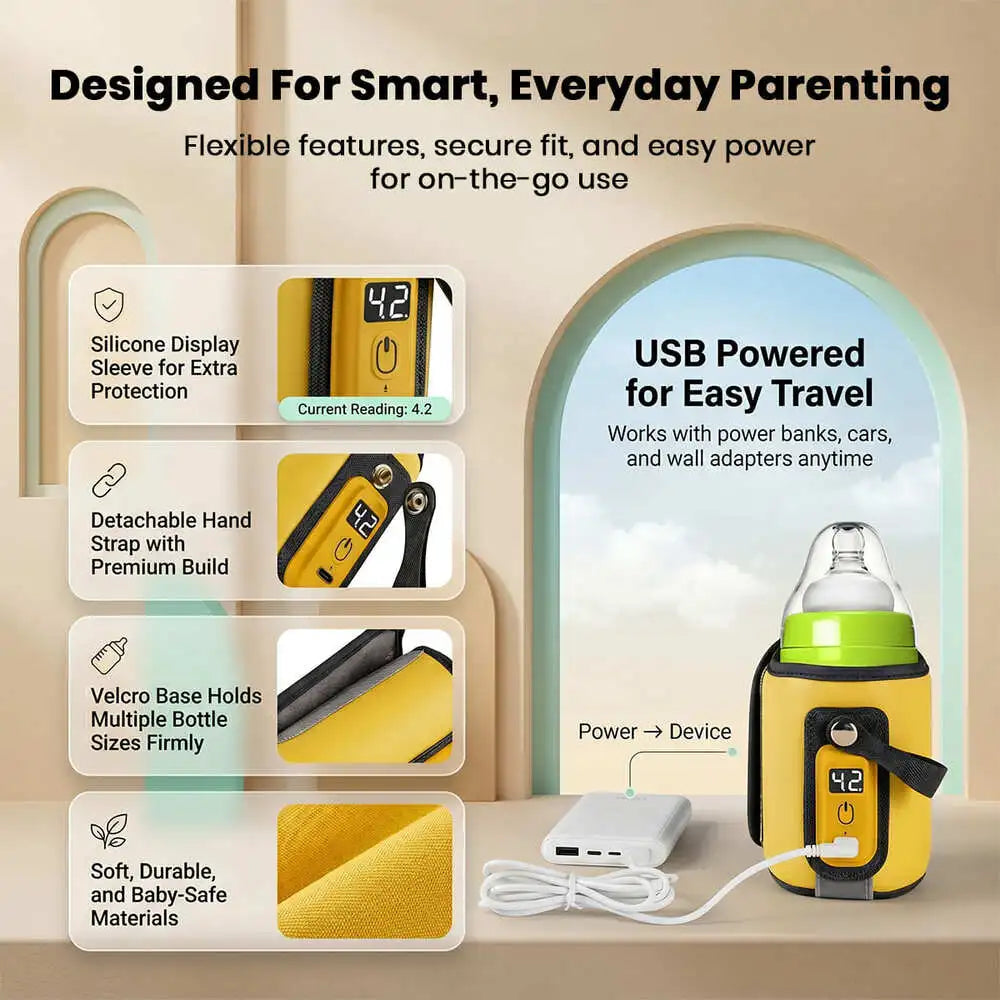 StarAndDaisy Rechargeable Portable Baby Feeding Bottle Warmer with 5-Speed Temperature Adjustment, USB Charging, Universal Bottle Fit, Travel-Friendly Milk Warmer – Orange & Yellow