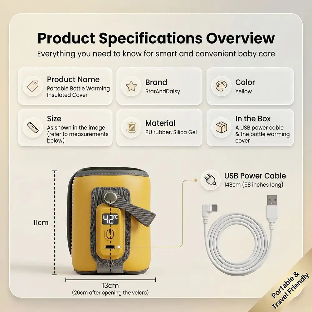 StarAndDaisy Rechargeable Portable Baby Feeding Bottle Warmer with 5-Speed Temperature Adjustment, USB Charging, Universal Bottle Fit, Travel-Friendly Milk Warmer – Orange & Yellow