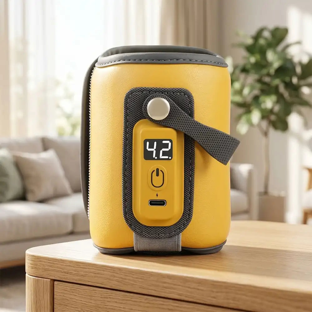 StarAndDaisy Rechargeable Portable Baby Feeding Bottle Warmer with 5-Speed Temperature Adjustment, USB Charging, Universal Bottle Fit, Travel-Friendly Milk Warmer – Orange & Yellow