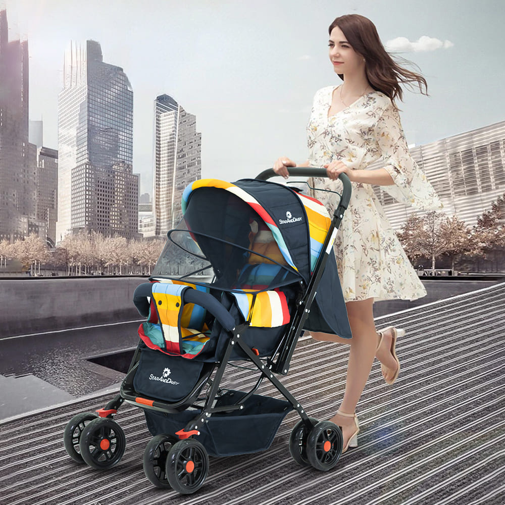 StarAndDaisy Sunrise Baby Stroller & Pram with Extended Mosquito Net | Reversible Handlebar, Ultra-Soft Cushions & Reclining Seat | Newborn to Toddler