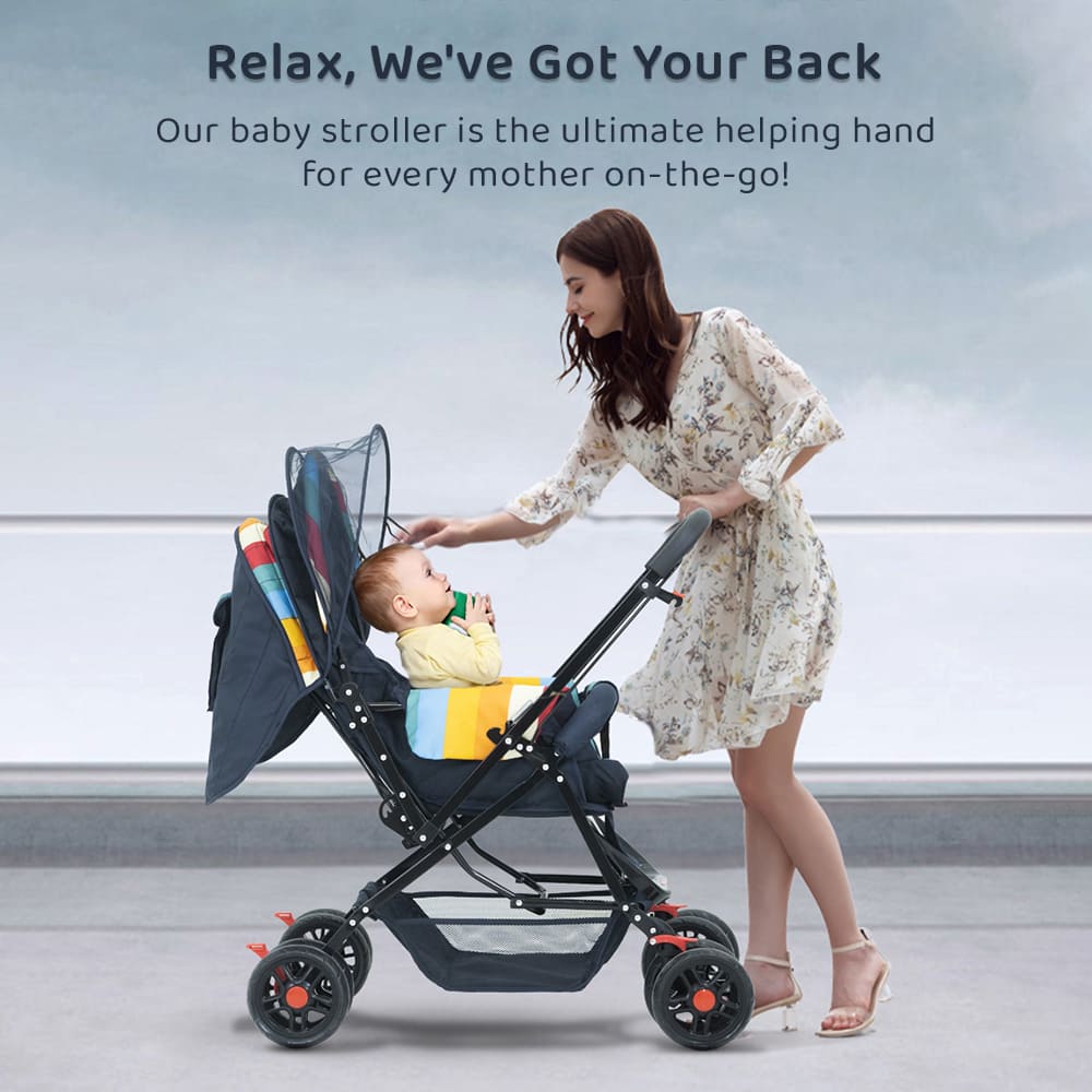 StarAndDaisy Sunrise Baby Stroller & Pram with Extended Mosquito Net | Reversible Handlebar, Ultra-Soft Cushions & Reclining Seat | Newborn to Toddler
