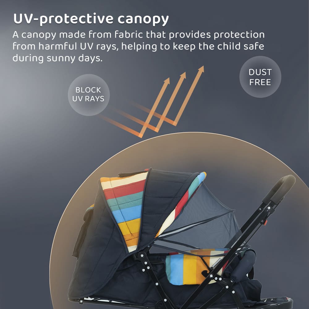 StarAndDaisy Sunrise Baby Stroller & Pram with Extended Mosquito Net | Reversible Handlebar, Ultra-Soft Cushions & Reclining Seat | Newborn to Toddler