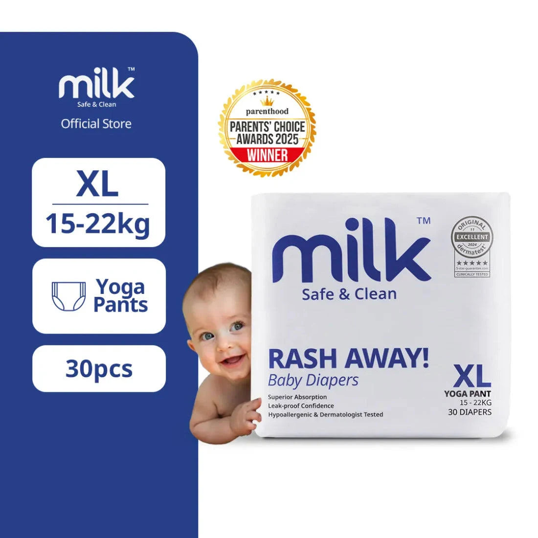 MILK Safe & Clean Baby Diapers Yoga Pant XL | Pack of 30 | Soft, Leak-Proof Disposable Diapers for Newborn Babies