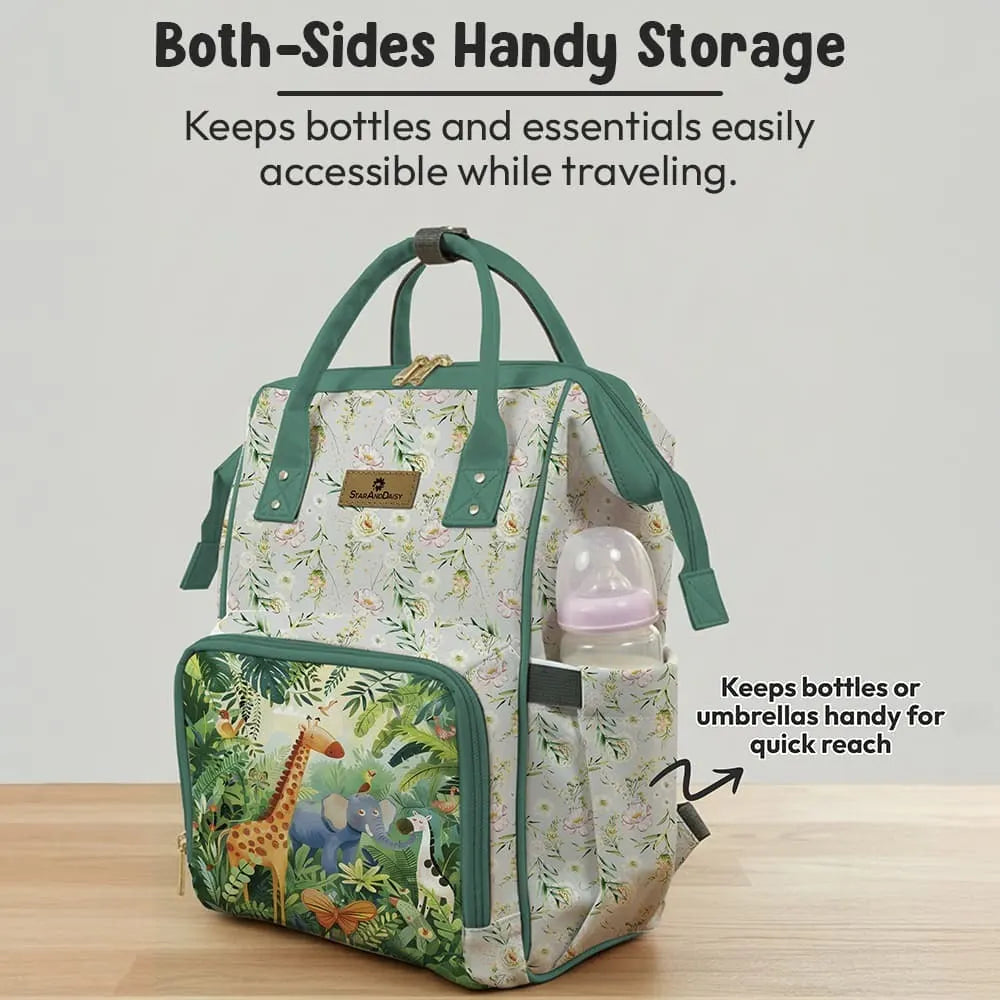 Floral Baby Diaper Bag Backpack with Jungle Animal Front Pocket | Large Capacity Water-Resistant Mommy Travel Bag with Insulated Bottle Pockets & Multiple Compartments