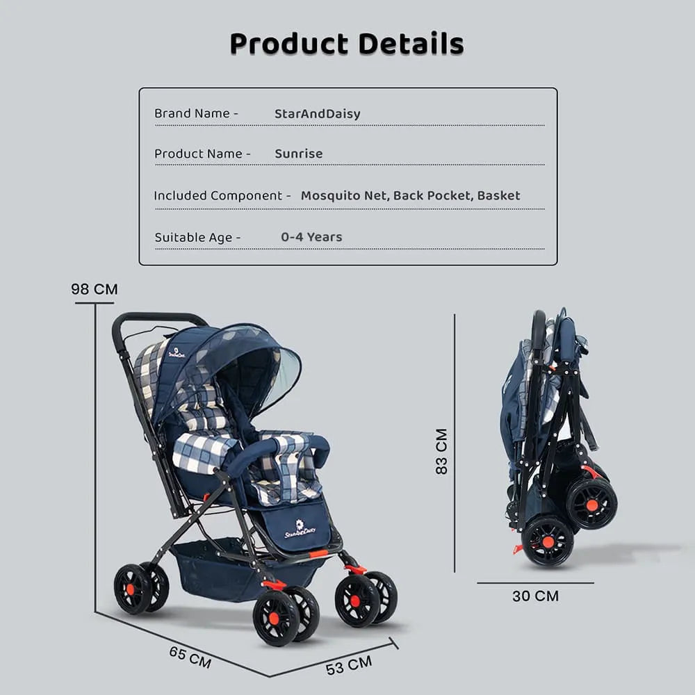 StarAndDaisy Sunrise Baby Stroller & Pram with Reversible Handlebar, Extended Mosquito Net, Ultra-Soft Cushioned Seat, Multi-Position Recline, One-Hand Fold Travel Stroller – White Checks Print