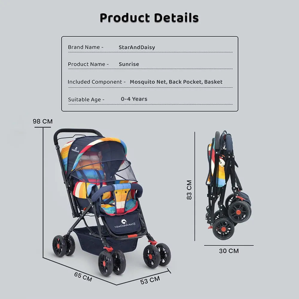 StarAndDaisy Sunrise Baby Stroller & Pram with Extended Mosquito Net | Reversible Handlebar, Ultra-Soft Cushions & Reclining Seat | Newborn to Toddler