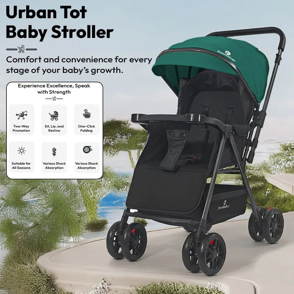 StarAndDaisy Urban Tot Baby Stroller with Reversible Handle | Foldable Baby Pram with Four-Wheel Brakes, Adjustable Canopy with Mosquito Net, Food Tray & Reclining Seat for Newborns to Toddlers
