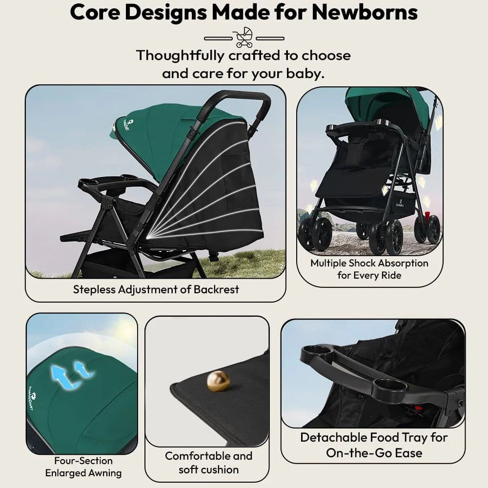 StarAndDaisy Urban Tot Baby Stroller with Reversible Handle | Foldable Baby Pram with Four-Wheel Brakes, Adjustable Canopy with Mosquito Net, Food Tray & Reclining Seat for Newborns to Toddlers