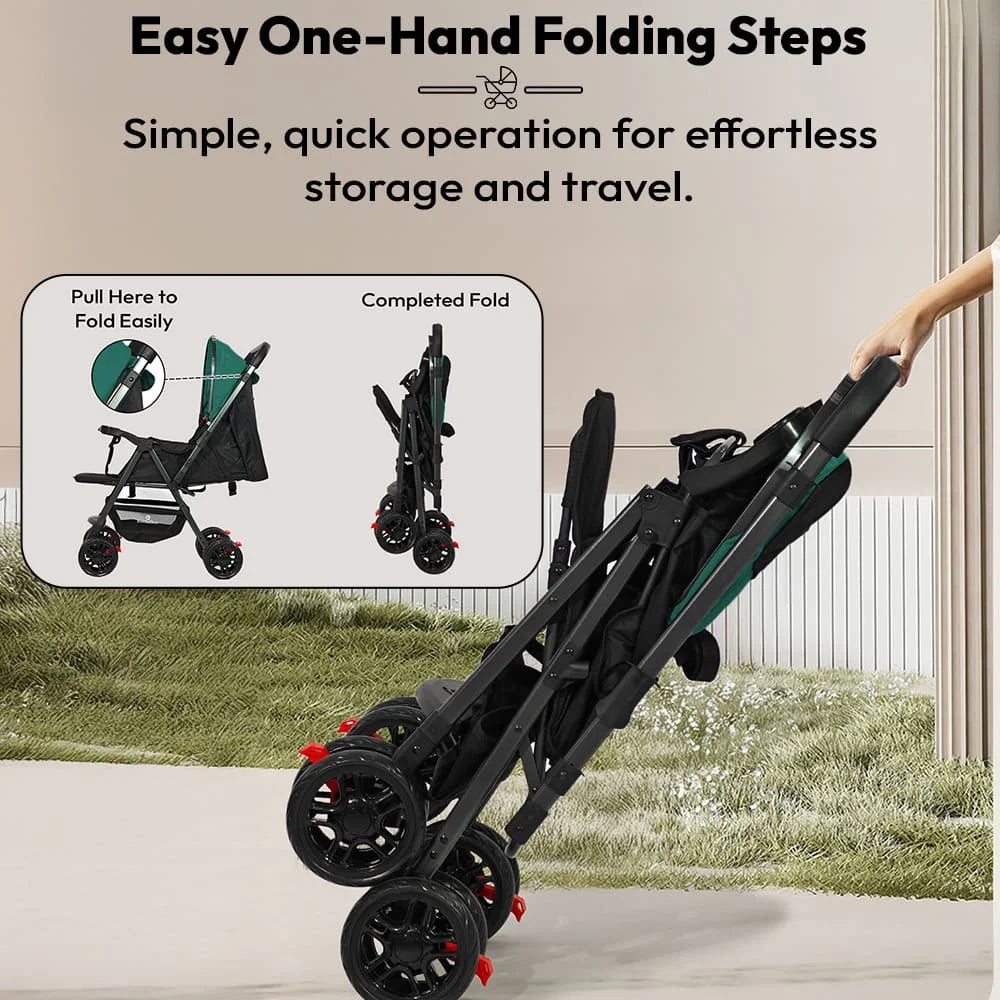StarAndDaisy Urban Tot Baby Stroller with Reversible Handle | Foldable Baby Pram with Four-Wheel Brakes, Adjustable Canopy with Mosquito Net, Food Tray & Reclining Seat for Newborns to Toddlers