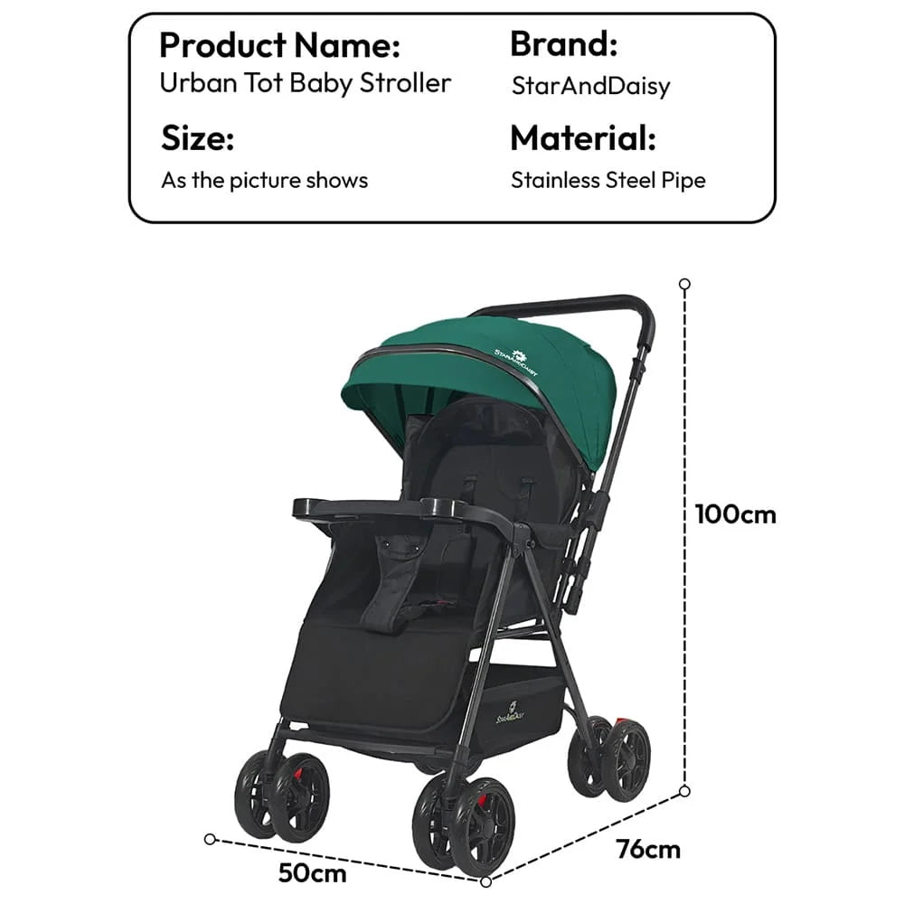 StarAndDaisy Urban Tot Baby Stroller with Reversible Handle | Foldable Baby Pram with Four-Wheel Brakes, Adjustable Canopy with Mosquito Net, Food Tray & Reclining Seat for Newborns to Toddlers