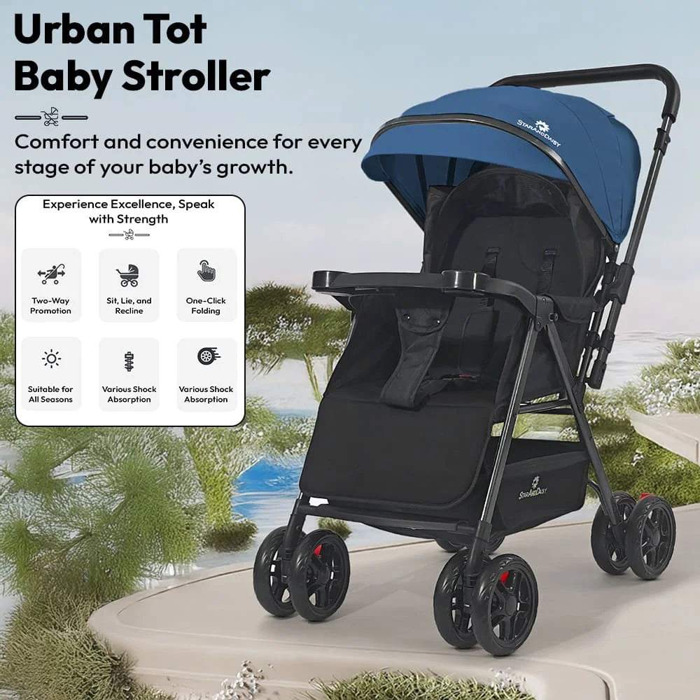 StarAndDaisy Urban Tot Baby Stroller with Reversible Handle | Foldable Baby Pram with Four-Wheel Brakes, Adjustable Canopy with Mosquito Net, Food Tray & Reclining Seat for Newborns to Toddlers