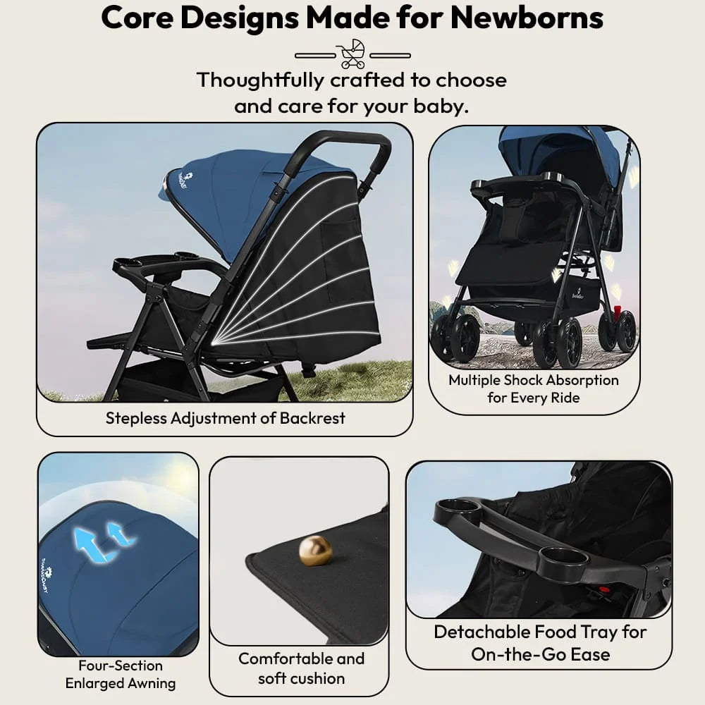StarAndDaisy Urban Tot Baby Stroller with Reversible Handle | Foldable Baby Pram with Four-Wheel Brakes, Adjustable Canopy with Mosquito Net, Food Tray & Reclining Seat for Newborns to Toddlers