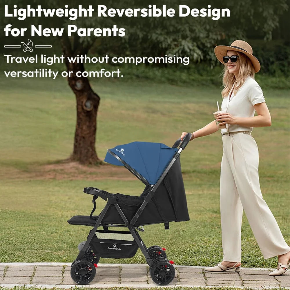StarAndDaisy Urban Tot Baby Stroller with Reversible Handle | Foldable Baby Pram with Four-Wheel Brakes, Adjustable Canopy with Mosquito Net, Food Tray & Reclining Seat for Newborns to Toddlers