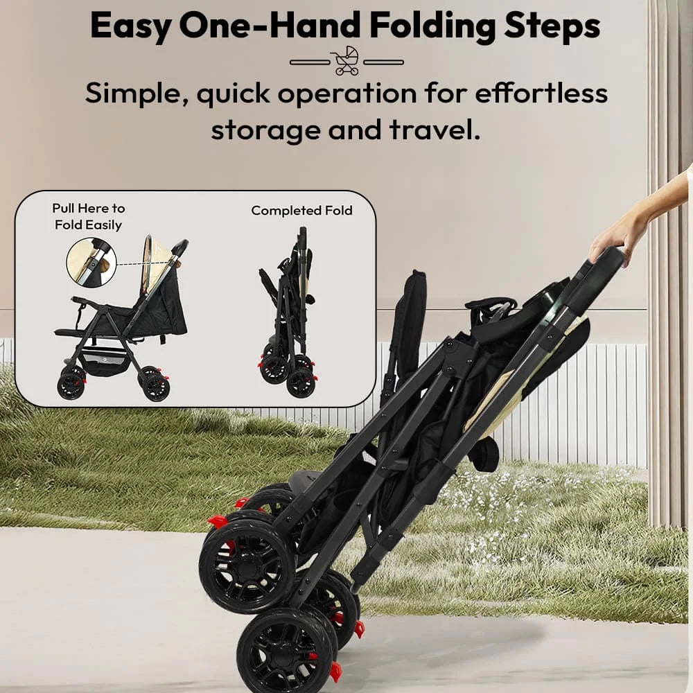 StarAndDaisy Urban Tot Baby Stroller with Reversible Handle | Foldable Baby Pram with Four-Wheel Brakes, Adjustable Canopy with Mosquito Net, Food Tray & Reclining Seat for Newborns to Toddlers